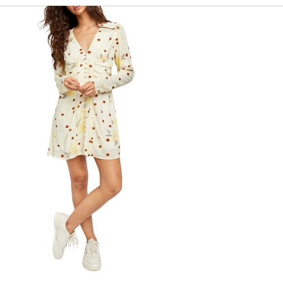 Free People Dresses & Skirts - Free People Floral Polka dot  Mini Dress new size XS long sleeve Cream  yellow